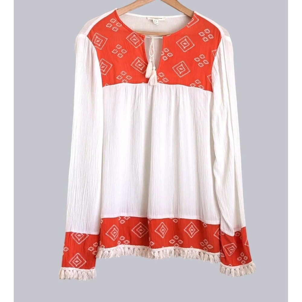 Beachlunchlounge Womens S White Lightweight Boho Fringe Long Sleeve Blouse West